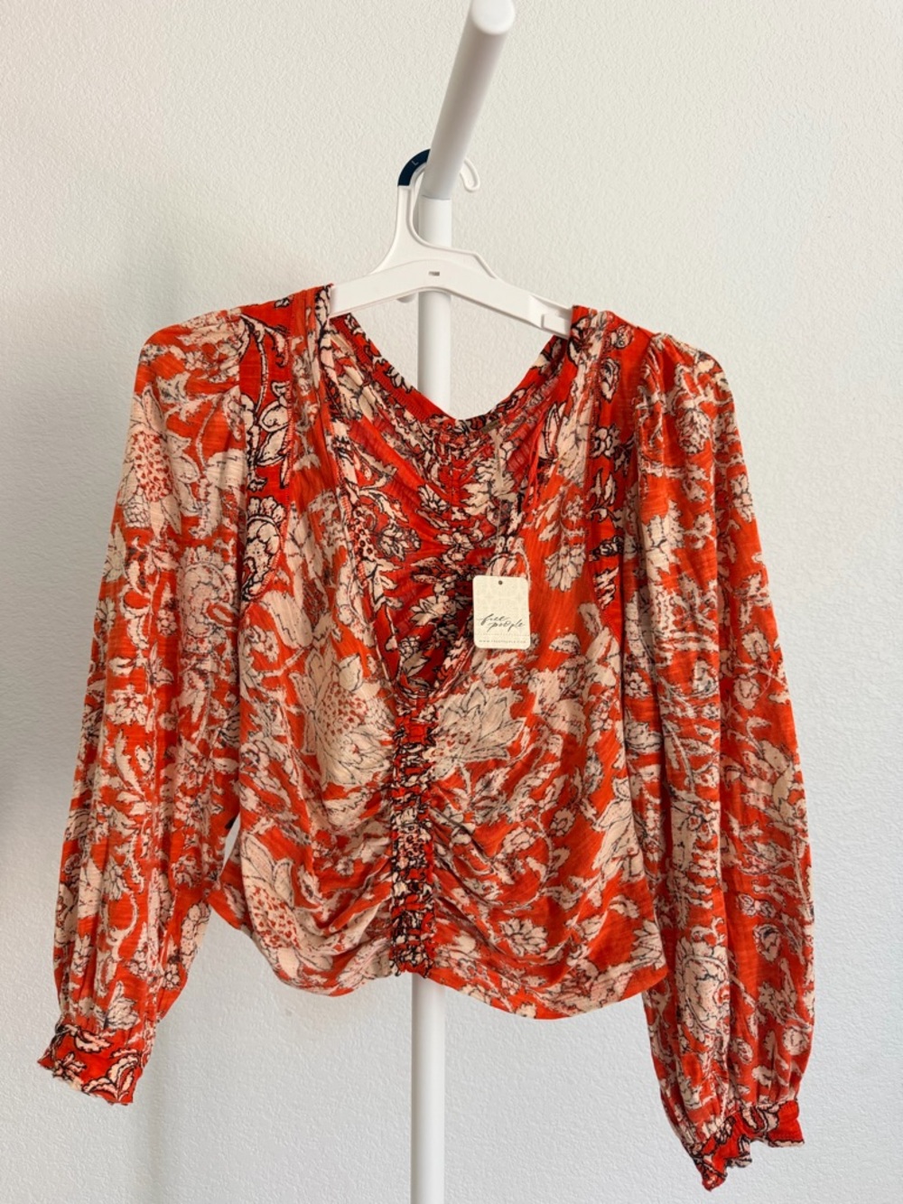 Free People Red Floral Ruched Long-Sleeve Blouse